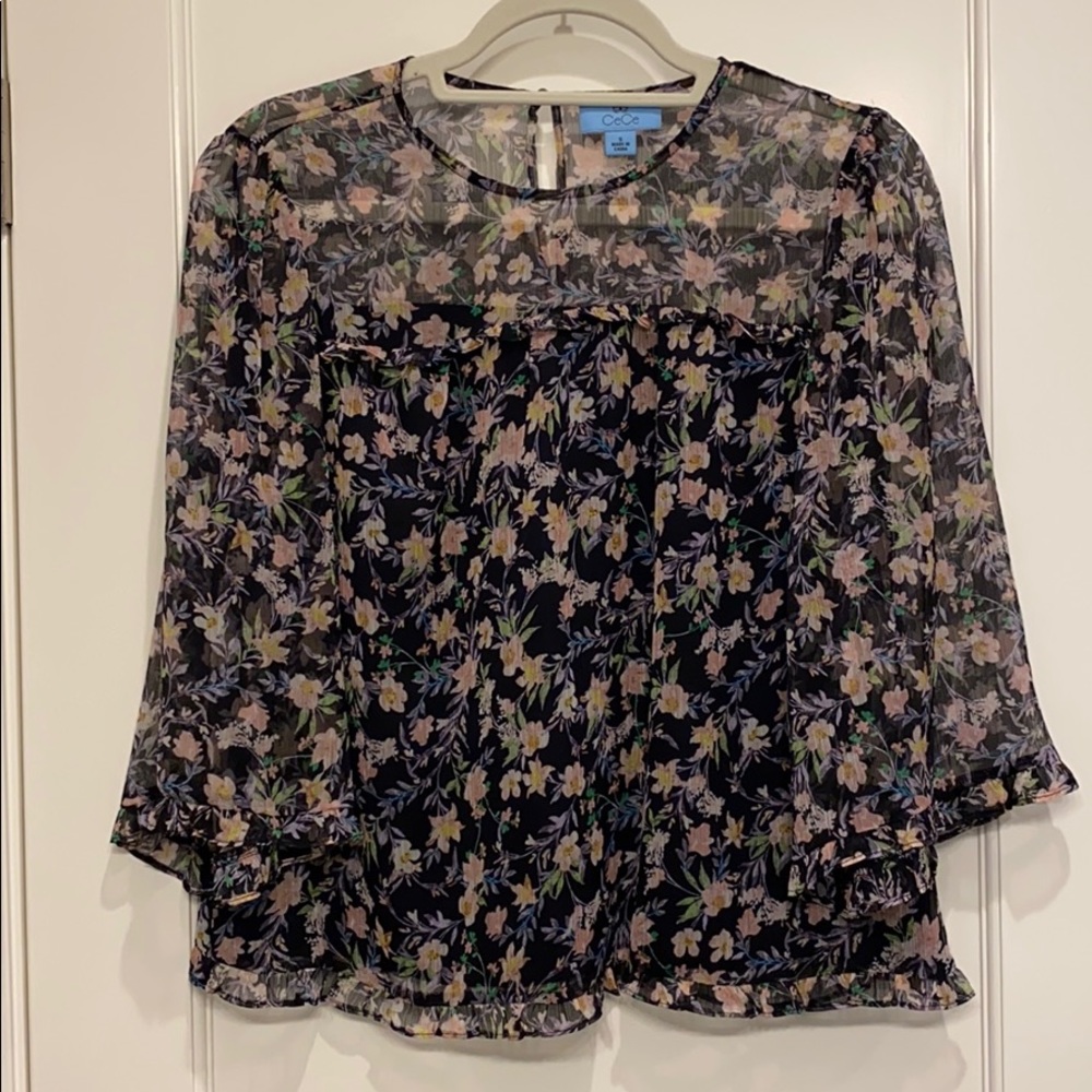 Navy Floral Print Ruffle Bouse - Picture 2 of 8